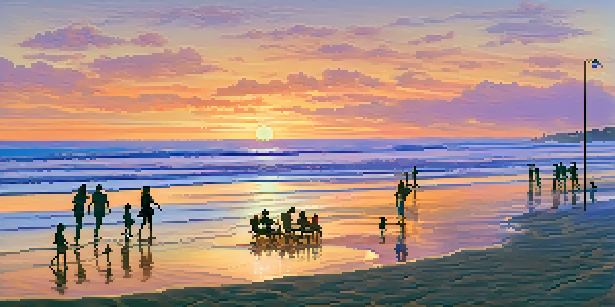 A breathtaking sunset at Carlsbad State Beach with families playing on the sand.