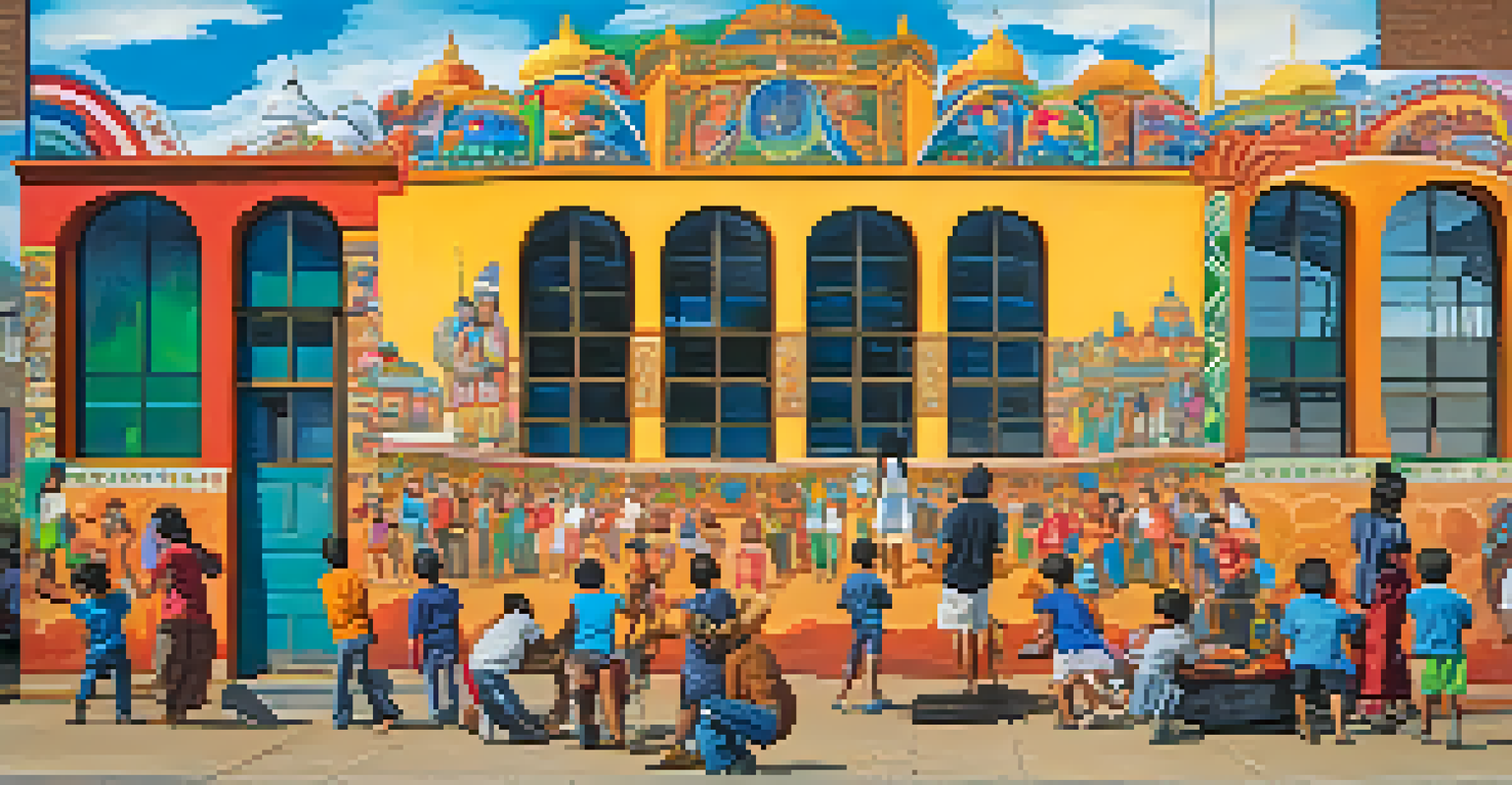 An artist painting a colorful mural that represents unity and culture, with children observing in a community setting.