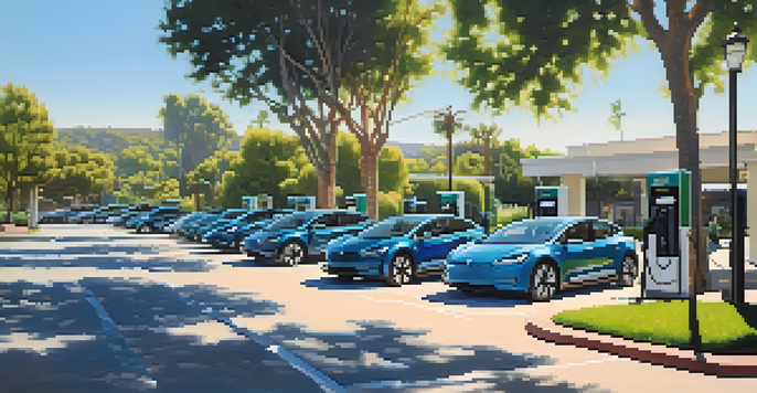 Urban scene in Carlsbad with electric vehicles at a charging station, surrounded by trees and a clear sky.
