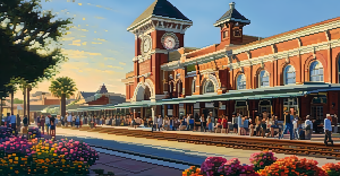 A historic train station in Carlsbad with people welcoming visitors, under warm golden hour lighting.