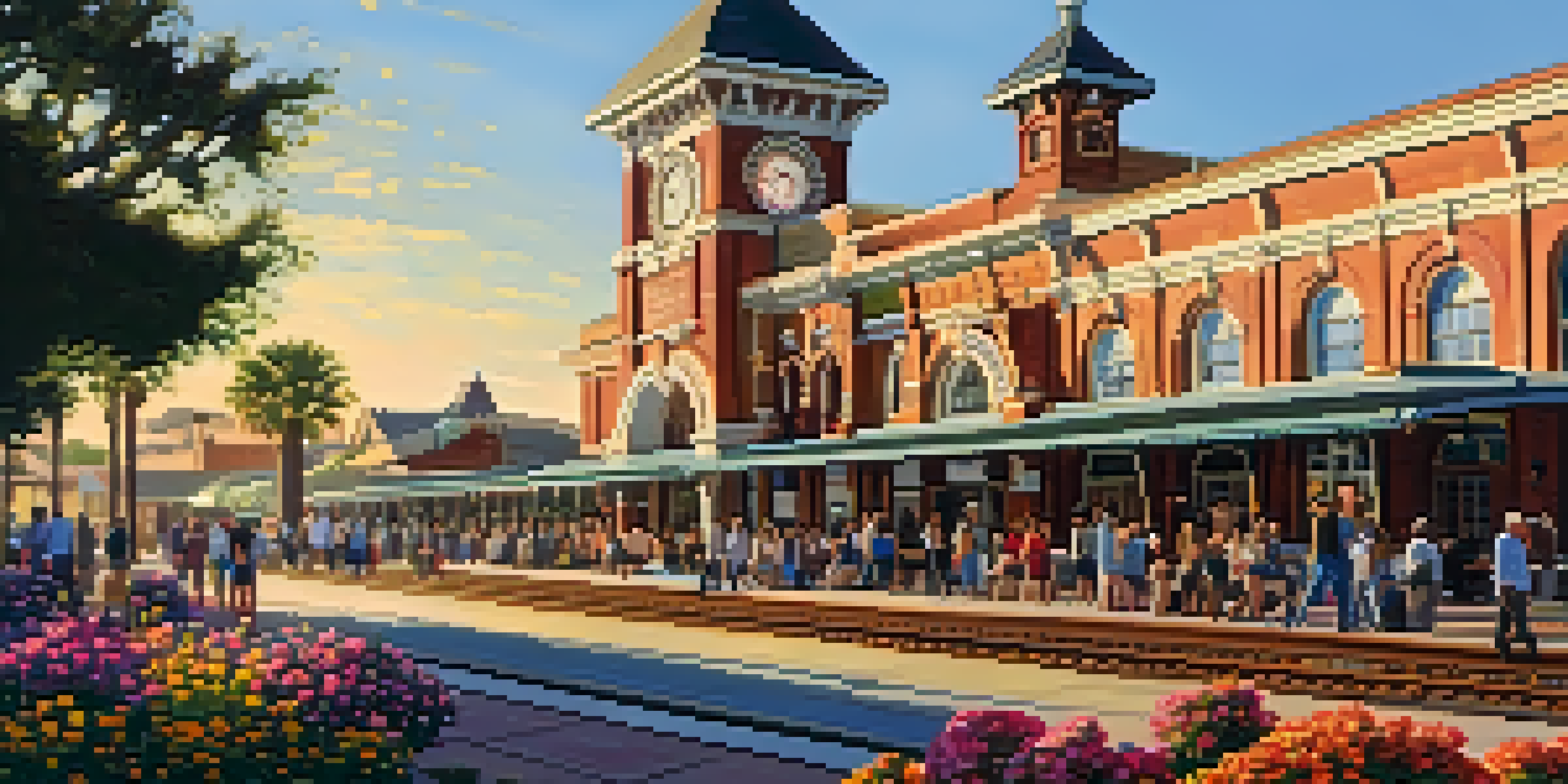 A historic train station in Carlsbad with people welcoming visitors, under warm golden hour lighting.