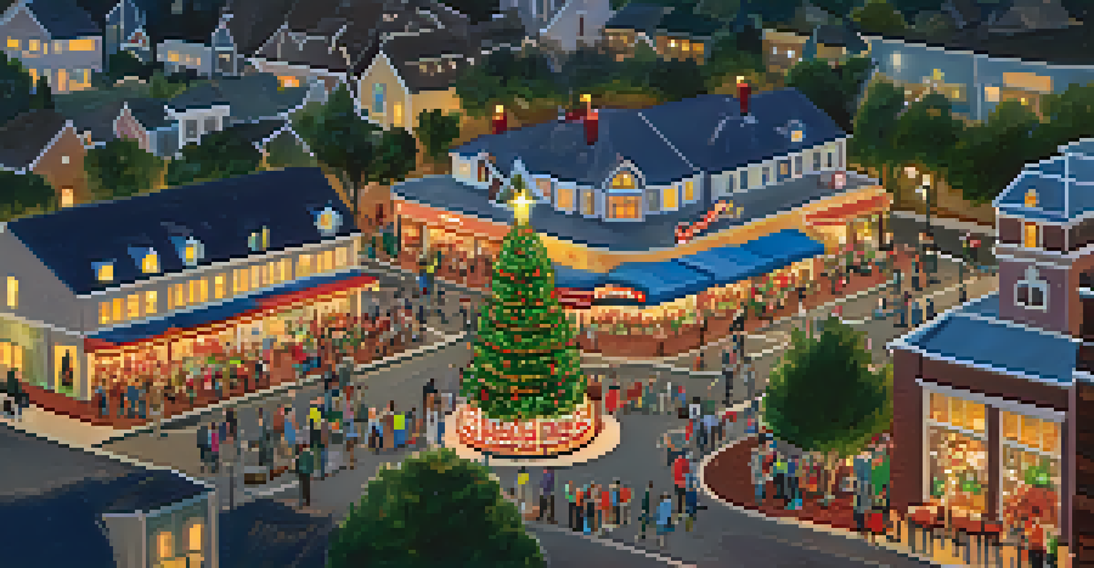 An aerial view of the festive Holiday Tree Lighting event in Carlsbad Village, showcasing the large holiday tree and crowds of people.