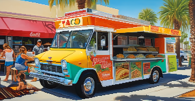 A bustling taco truck scene in Carlsbad with colorful tacos and happy customers enjoying their meals under a sunny sky.