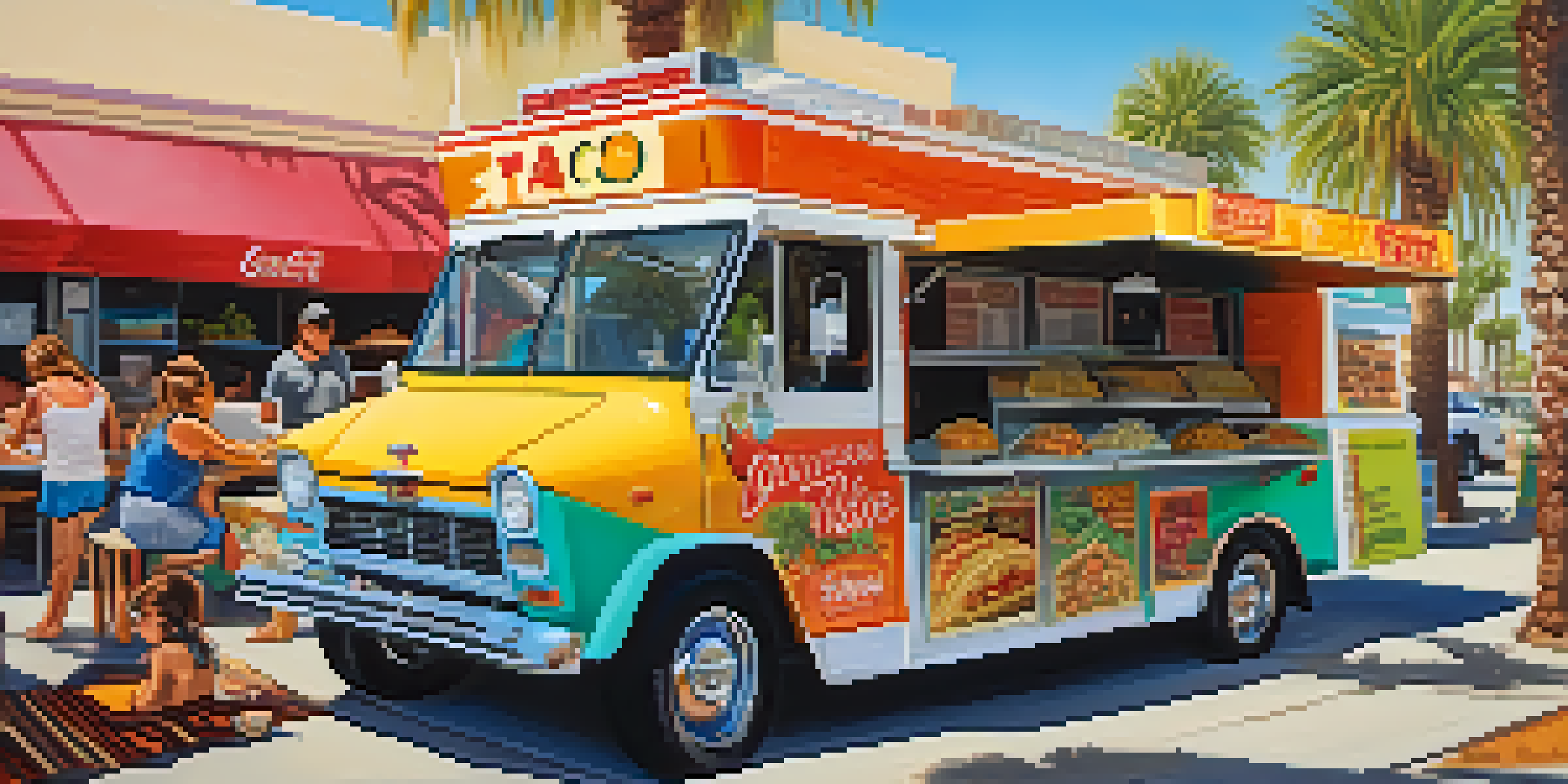 A bustling taco truck scene in Carlsbad with colorful tacos and happy customers enjoying their meals under a sunny sky.