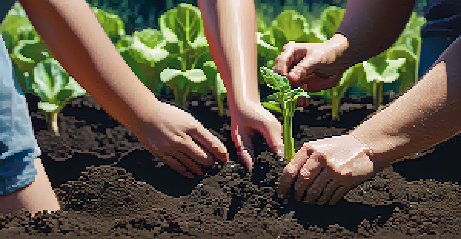 Close-up of hands planting seedlings in dark soil in a community garden, with other gardeners blurred in the background.