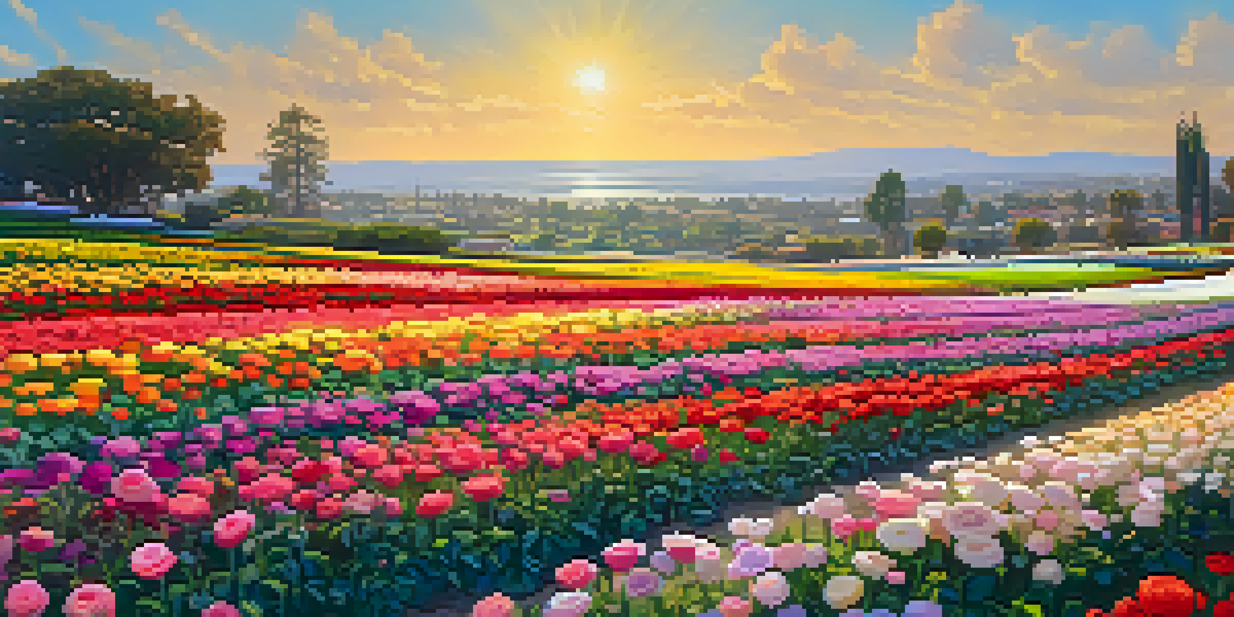 A wide view of the Carlsbad Flower Fields filled with colorful ranunculus flowers, under a sunny sky with visitors walking through the vibrant landscape.