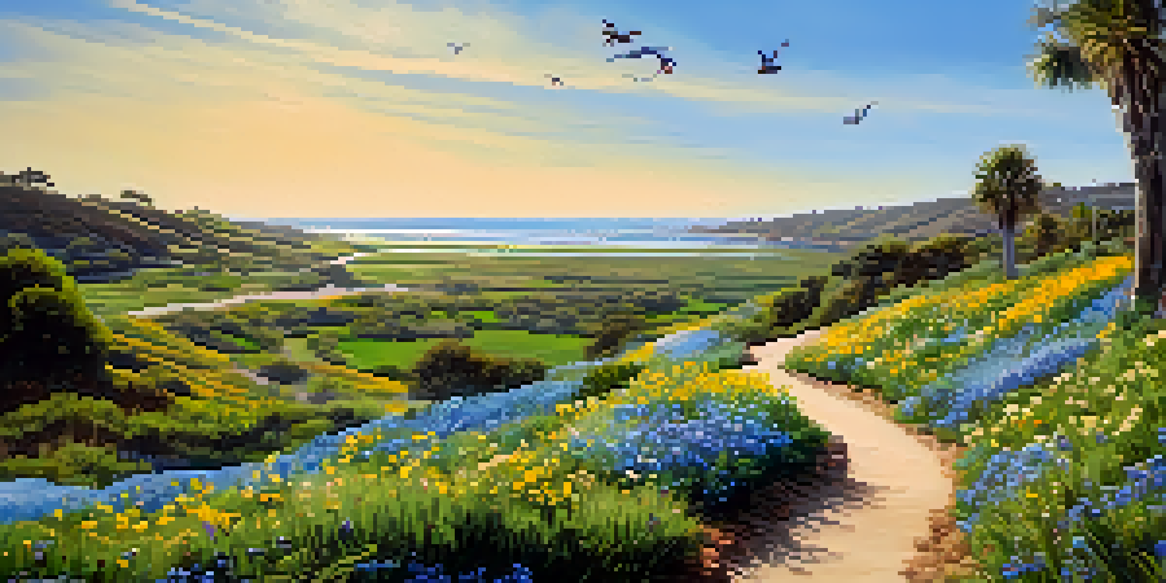 A picturesque spring scene at Batiquitos Lagoon Trail, featuring blooming flowers and a hiker amidst lush greenery and a sparkling lagoon.