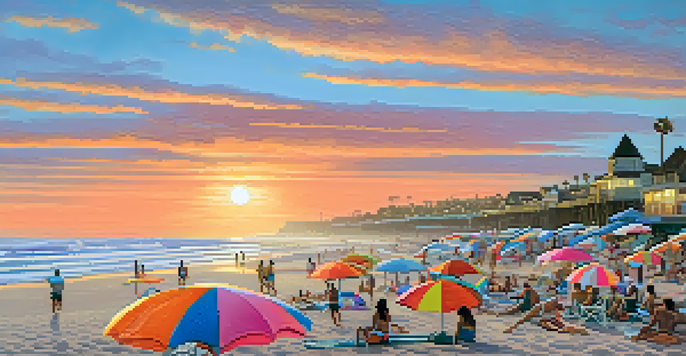 A beautiful sunset over Carlsbad State Beach, with people enjoying the beach and colorful umbrellas in the sand.