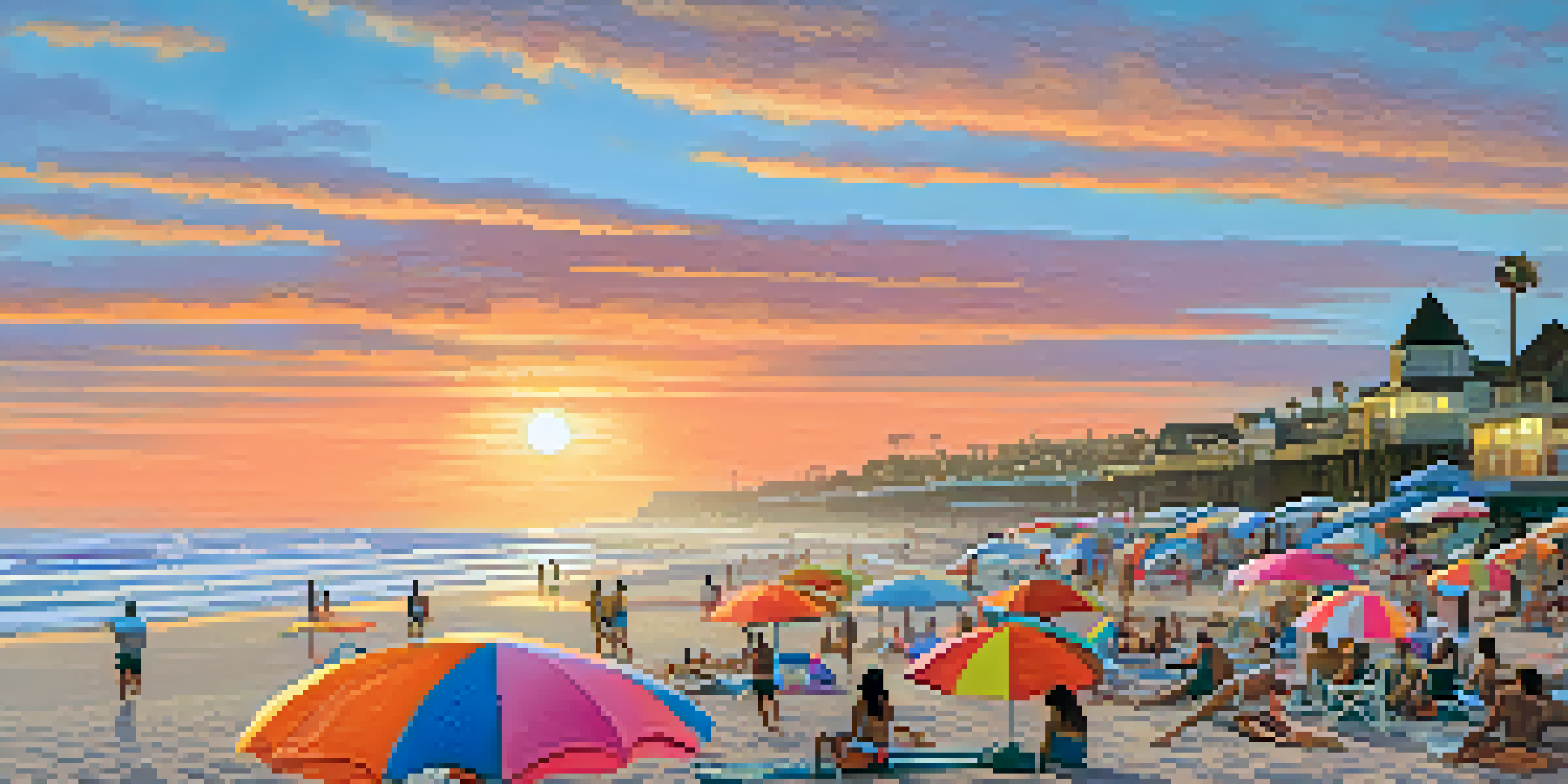 A beautiful sunset over Carlsbad State Beach, with people enjoying the beach and colorful umbrellas in the sand.