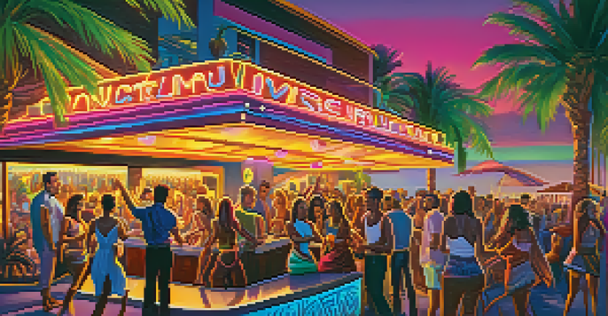 A lively outdoor nightclub in Carlsbad with people dancing under colorful neon lights and tiki-inspired decor.