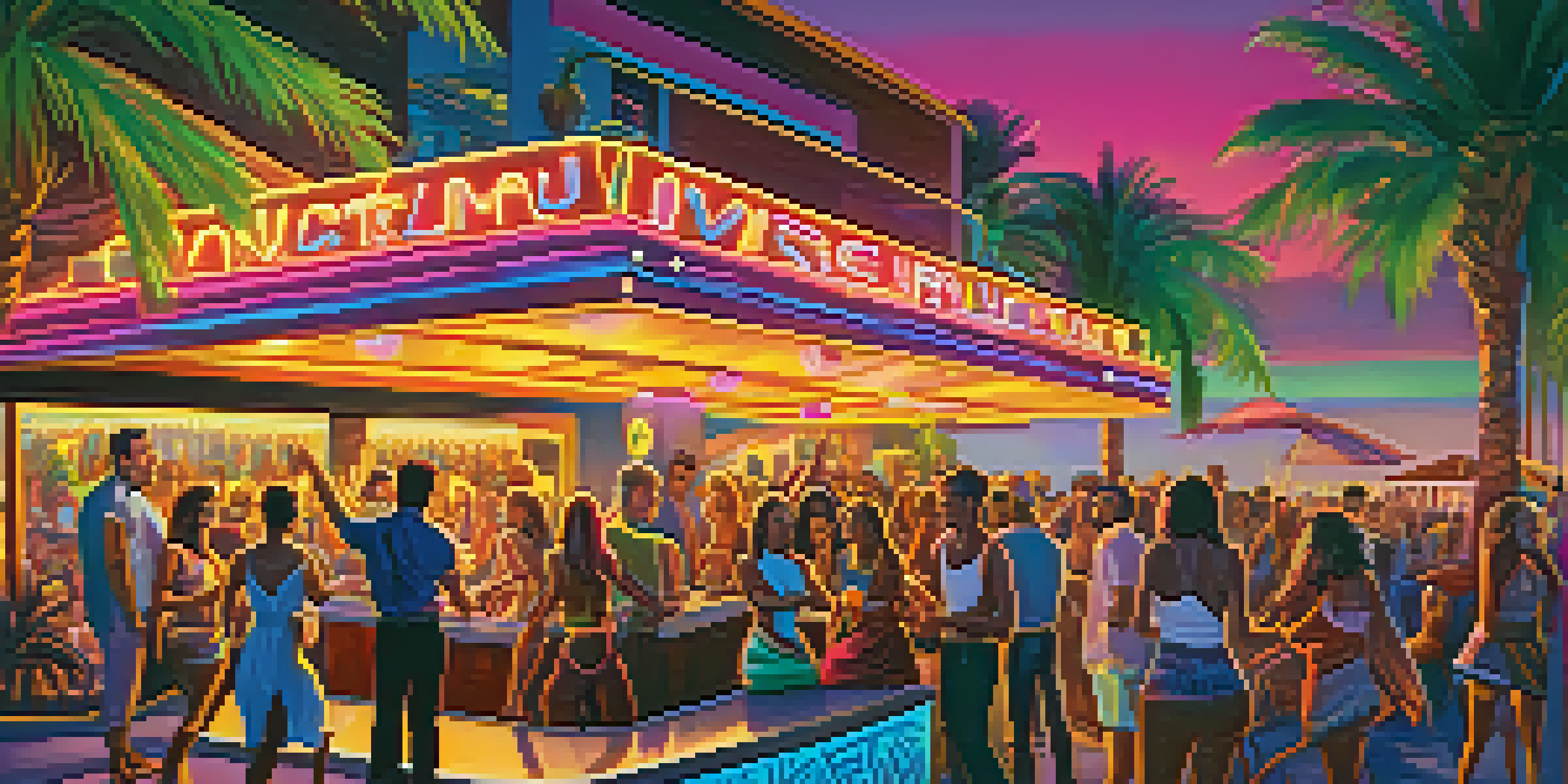 A lively outdoor nightclub in Carlsbad with people dancing under colorful neon lights and tiki-inspired decor.
