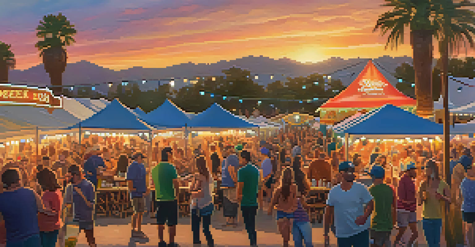 A lively beer festival with attendees sampling craft beers from various local breweries, colorful tents, and food stalls during sunset.
