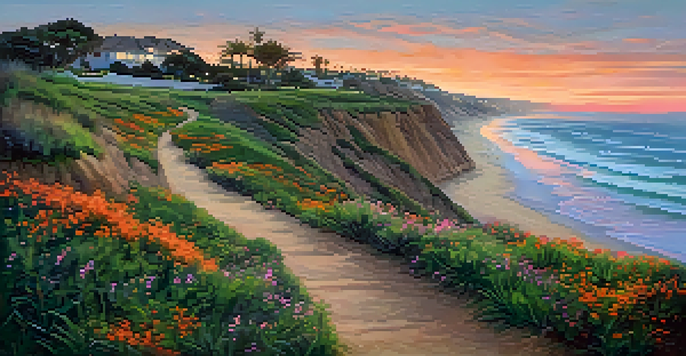 A sunset view of Carlsbad's coastal bluffs overlooking calm ocean waters, with a winding path and blooming wildflowers in the foreground.