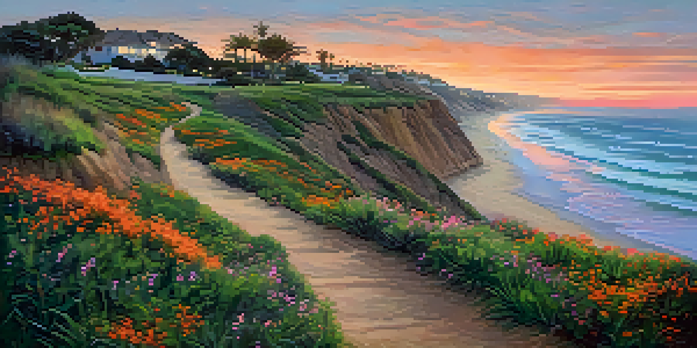A sunset view of Carlsbad's coastal bluffs overlooking calm ocean waters, with a winding path and blooming wildflowers in the foreground.