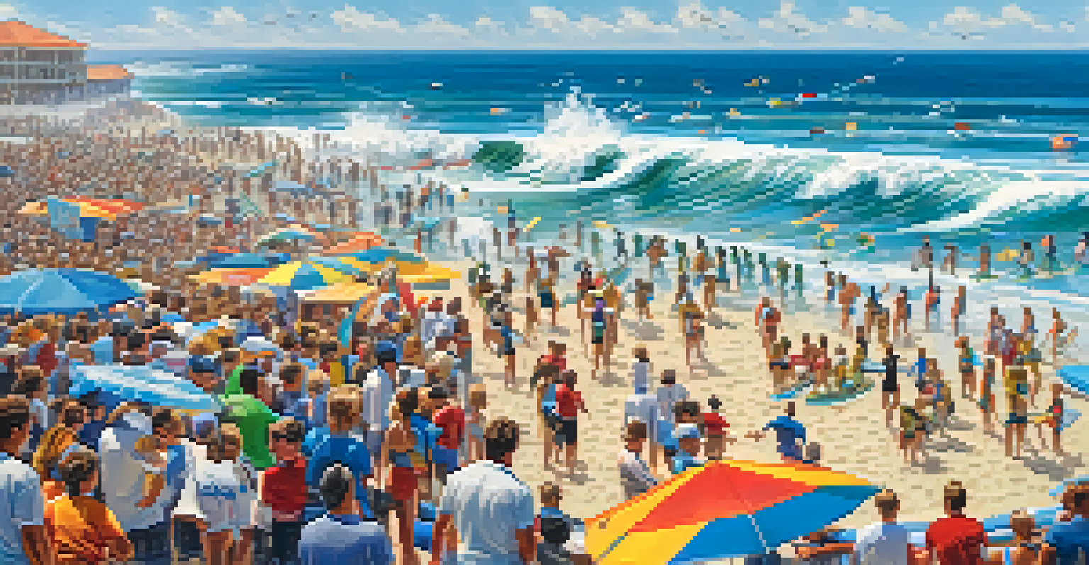 A surf competition in Carlsbad with surfers riding waves and a crowd cheering in the background.