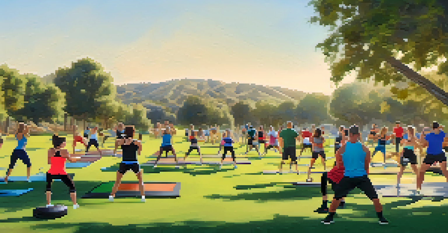 Participants in a fitness bootcamp performing various exercises outdoors, showcasing determination and teamwork.