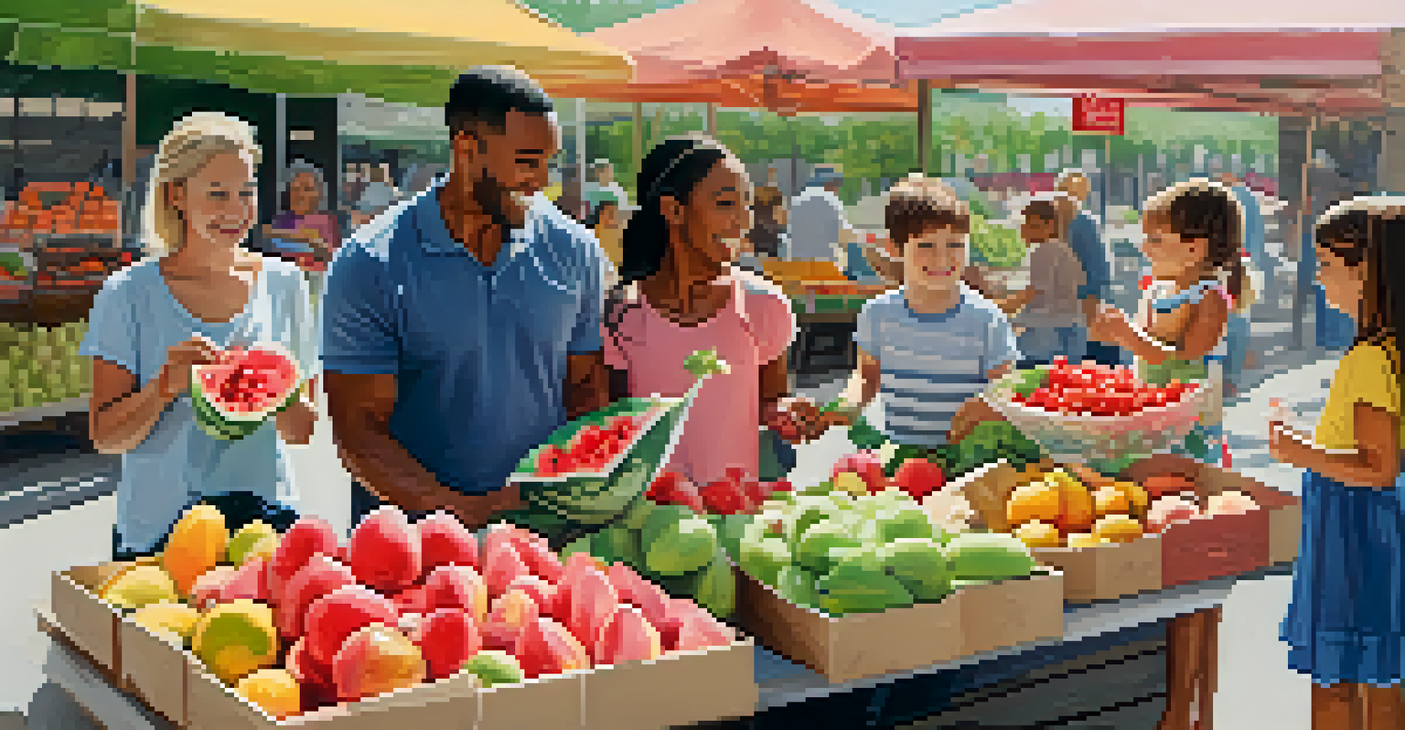 A family at a farmers market, with children sampling fresh produce and holding a reusable shopping bag filled with fruits.