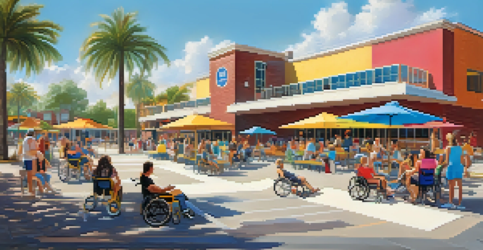 A lively sports facility with wheelchair ramps and accessible seating, filled with a diverse crowd enjoying a sports event.