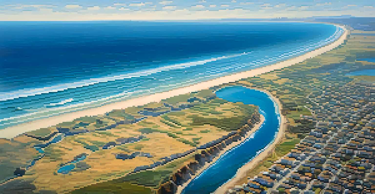 An aerial view of Carlsbad's coastline showing the ocean and land interaction with fog and vibrant colors.