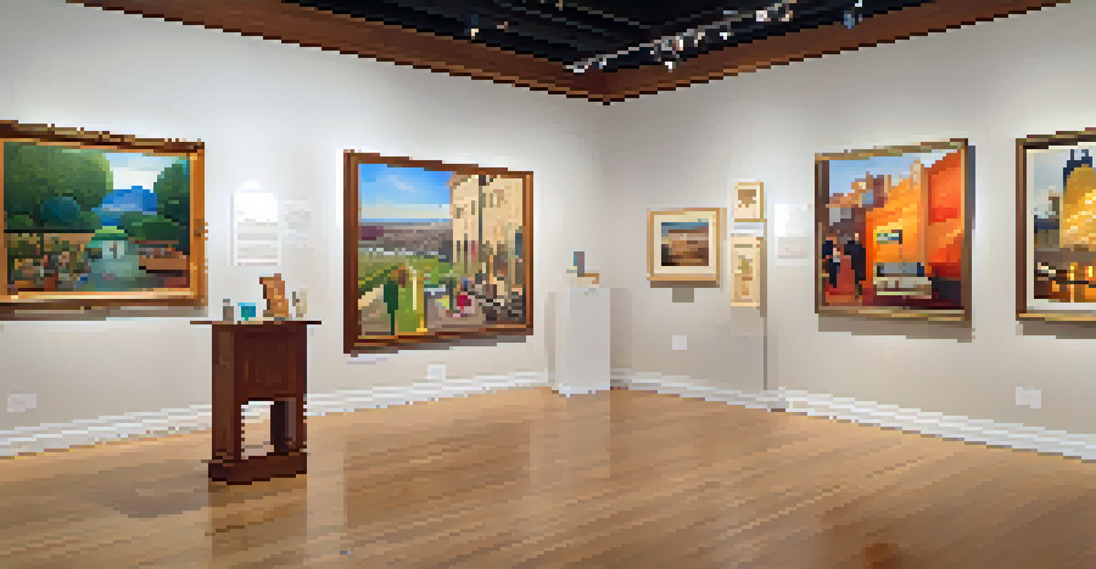 An interior view of a gallery during an art walk, filled with diverse artworks and visitors discussing art in a warmly lit space.