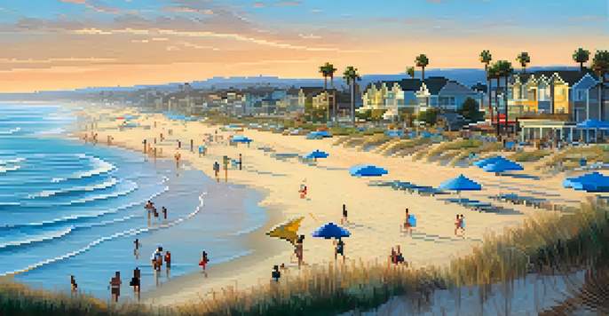 A picturesque coastal scene of Carlsbad Village with the ocean, beach umbrellas, and a sunset in the background.