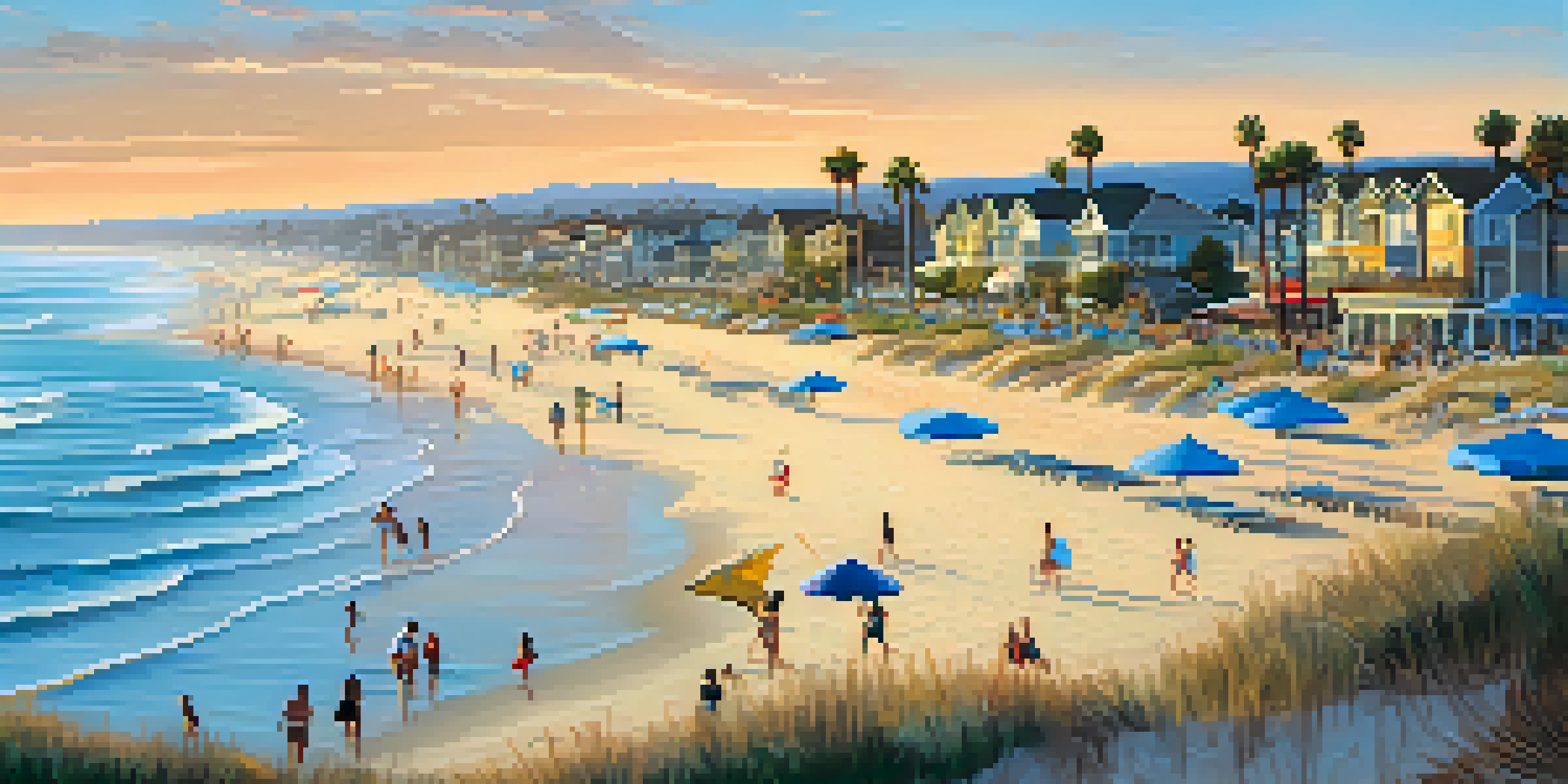 A picturesque coastal scene of Carlsbad Village with the ocean, beach umbrellas, and a sunset in the background.