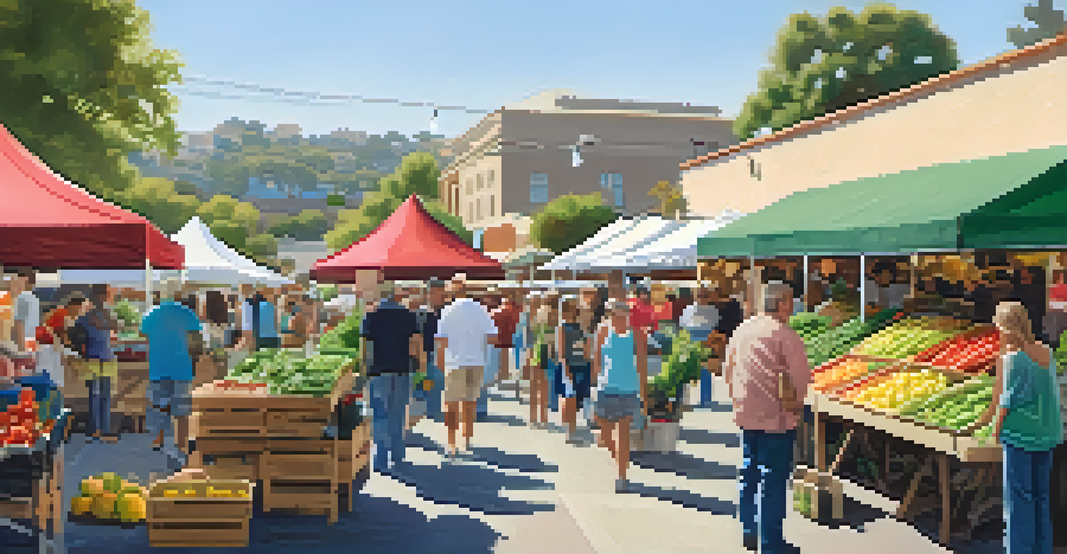 A lively farmers market with colorful stalls of fresh produce, people interacting, and a cheerful ambiance.