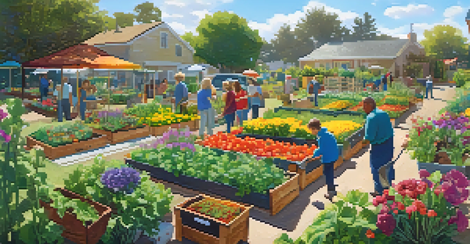 A lively community garden in Carlsbad with gardeners tending to their plots filled with vegetables and flowers, and sustainable features like a compost bin and rainwater barrels.