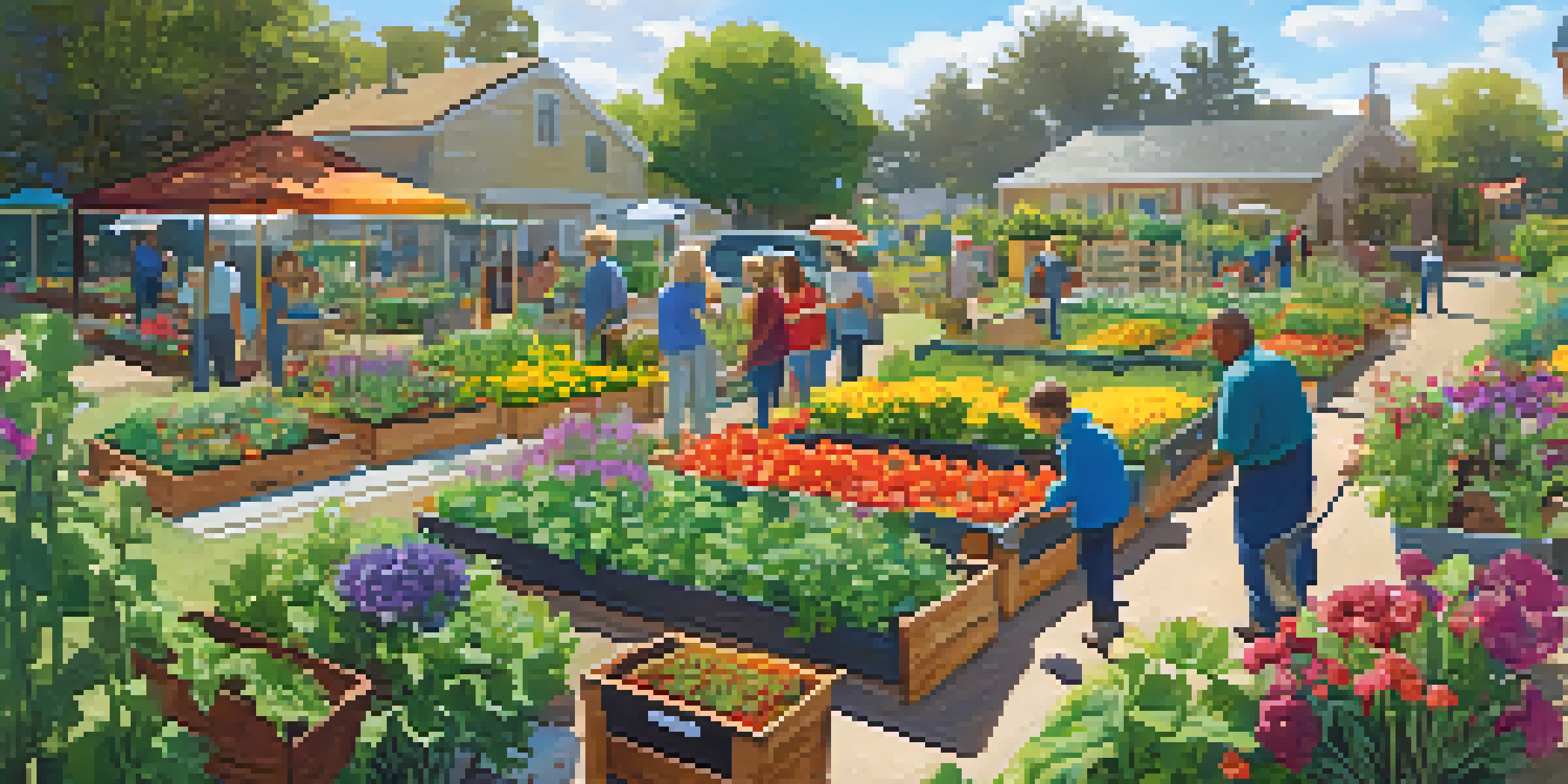 A lively community garden in Carlsbad with gardeners tending to their plots filled with vegetables and flowers, and sustainable features like a compost bin and rainwater barrels.