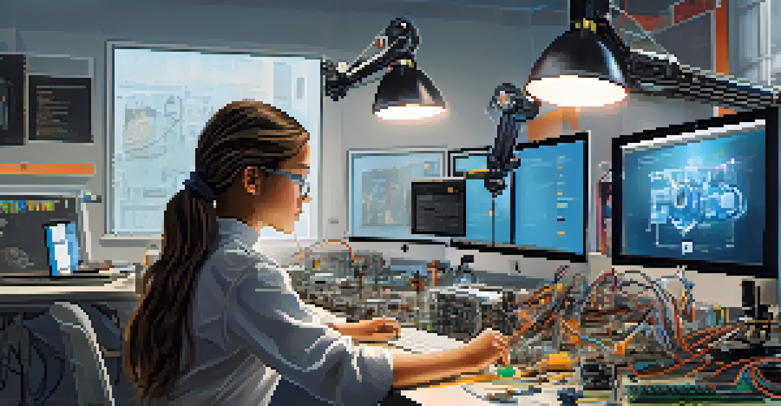 A student assembling a robotics project in a modern technology lab, showcasing focus and creativity.