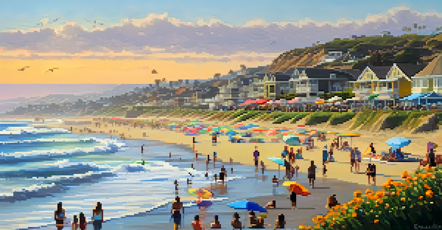 A serene beach scene at Carlsbad State Beach with waves, umbrellas, and a sunset over the Pacific Ocean.