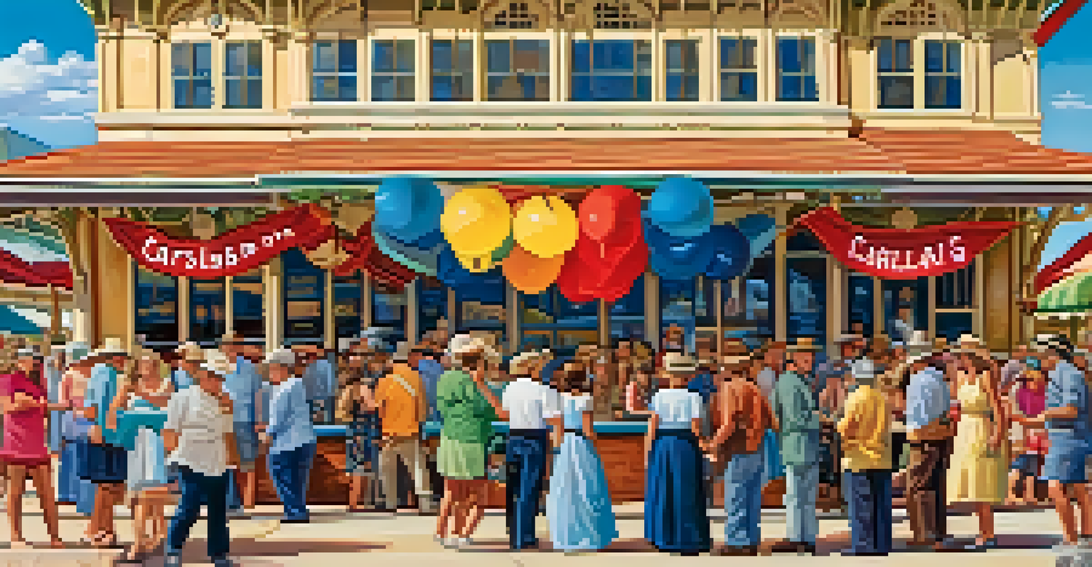 A vibrant community event at Carlsbad's historic train station with colorful banners, local crafts, and families enjoying the festivities.