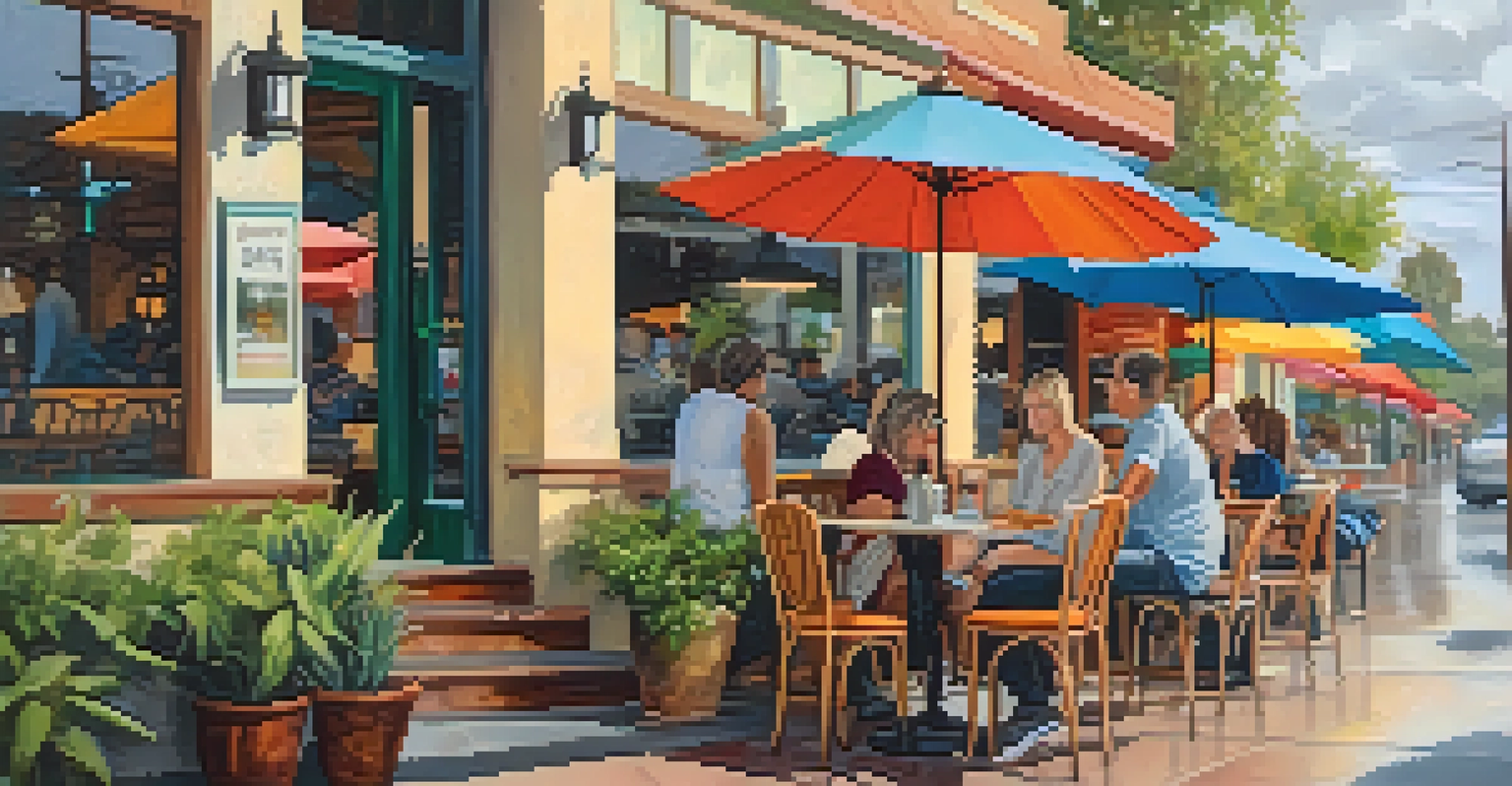 A cozy cafe scene in downtown Carlsbad with outdoor seating, patrons enjoying coffee under colorful umbrellas on a cloudy day.