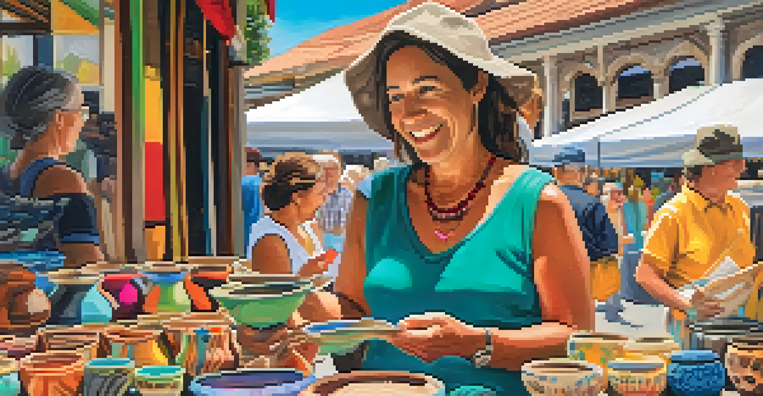 A local artisan displaying handmade pottery at an outdoor market during an art walk, surrounded by colorful crafts and engaged attendees.