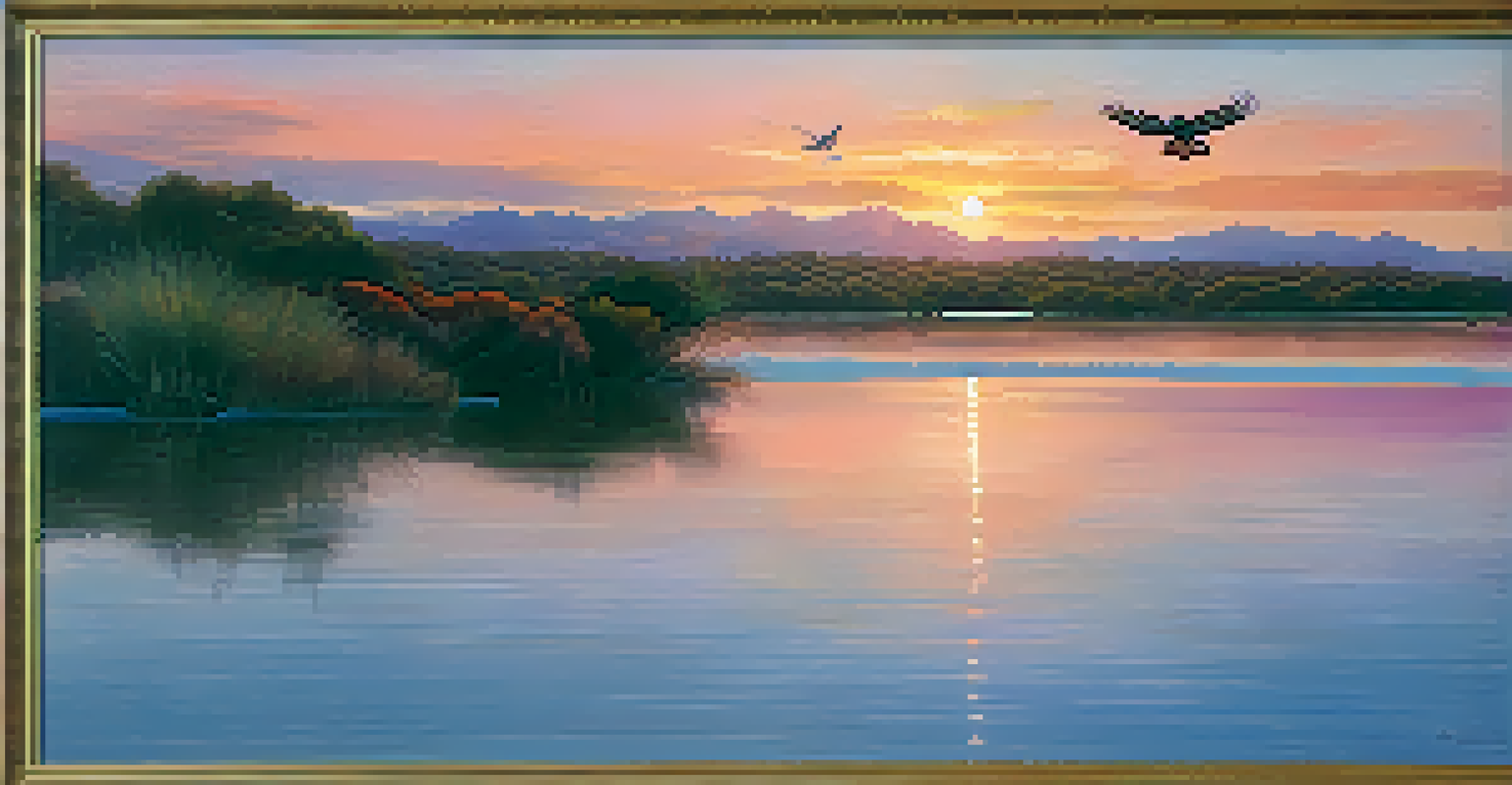 A Red-tailed Hawk flying over Agua Hedionda Lagoon at sunset, with vibrant colors in the sky and calm waters.