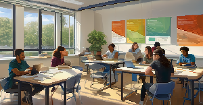 A diverse group of adult learners collaborating in a well-lit study area of a community college, with laptops and notepads on the table.