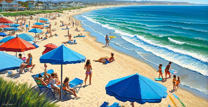 A sunny day at Carlsbad beach with people surfing and paddleboarding in the ocean, surrounded by sandy shores and colorful beach umbrellas.