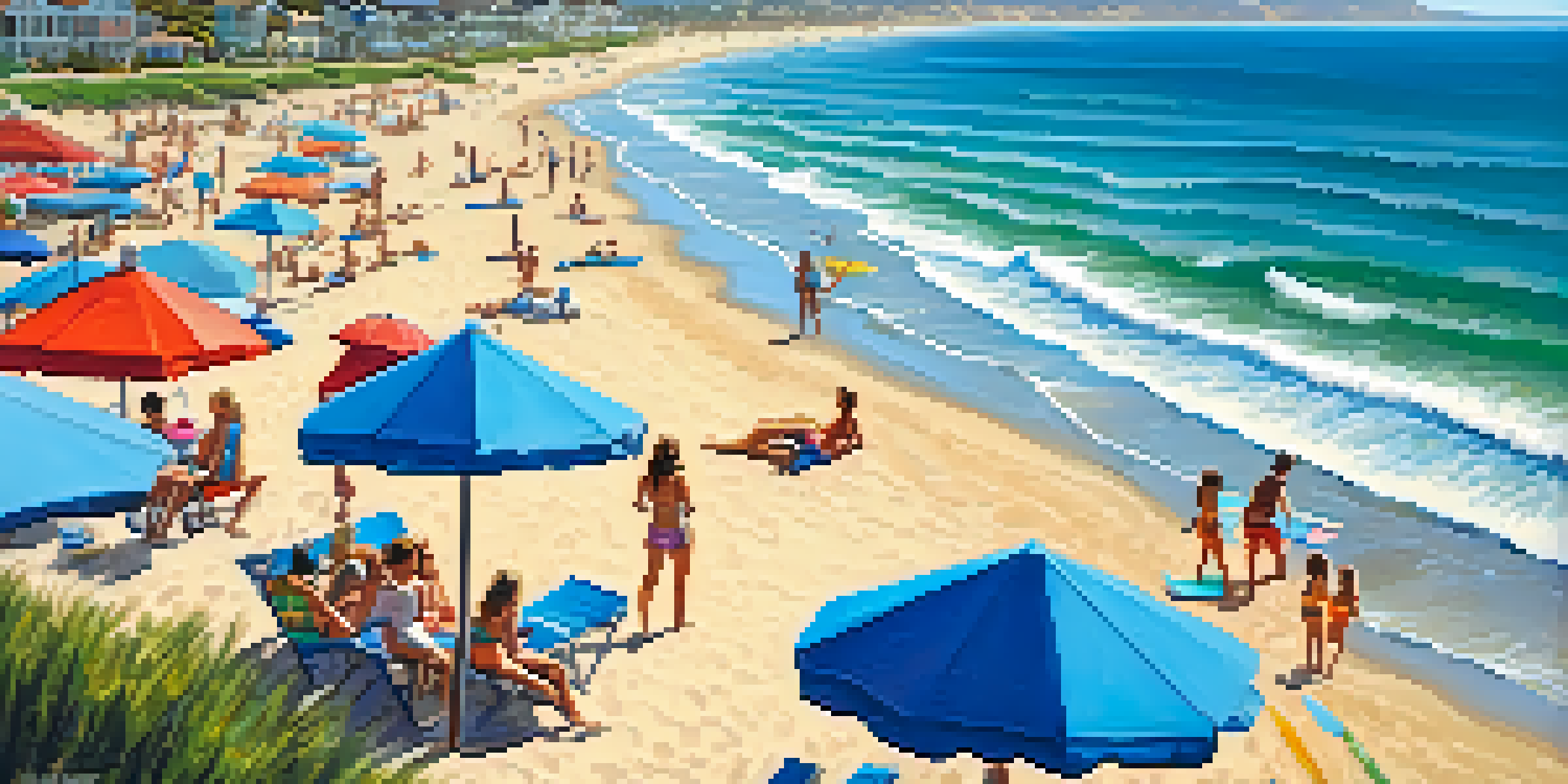 A sunny day at Carlsbad beach with people surfing and paddleboarding in the ocean, surrounded by sandy shores and colorful beach umbrellas.