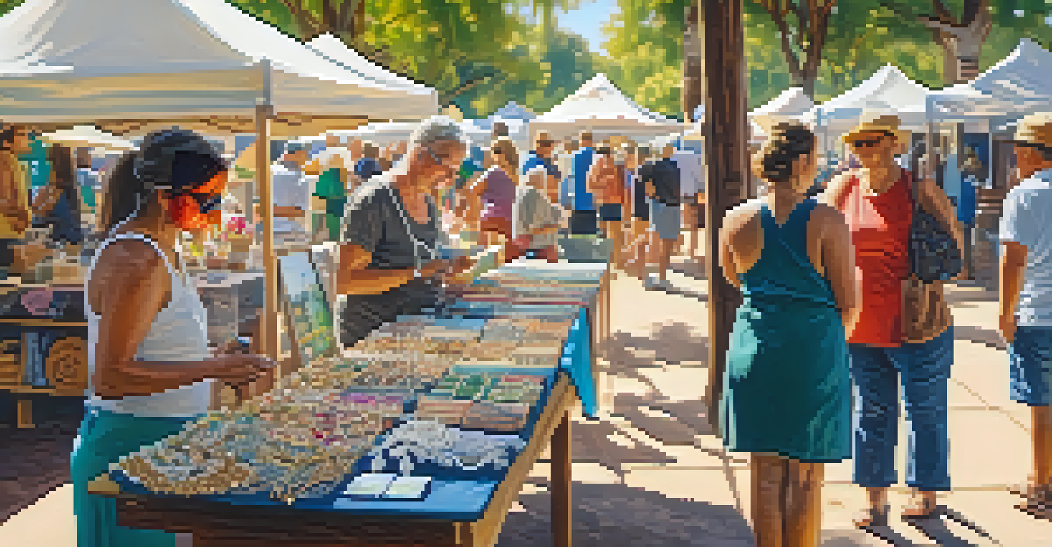 An artisan making handmade jewelry at an outdoor market, surrounded by colorful stalls and engaged visitors.
