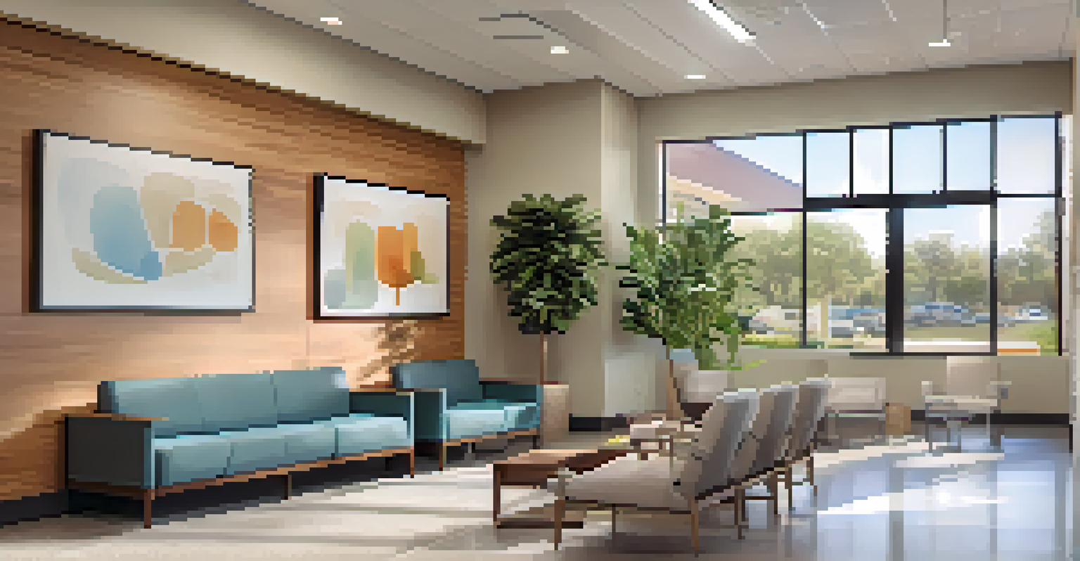 A modern primary care office waiting area with comfortable seating, plants, and natural light streaming through large windows.