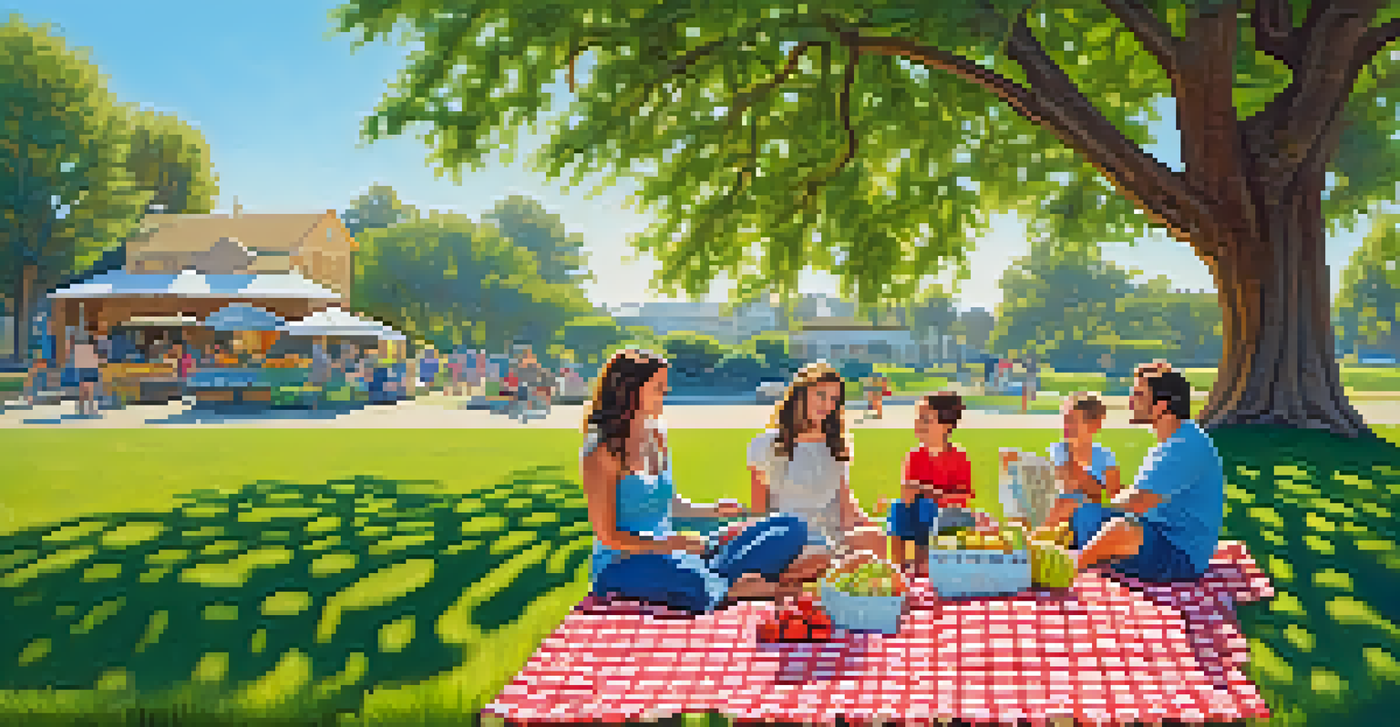 A family having a picnic in a park with fresh produce from the farmers market, surrounded by children playing and a beautiful outdoor setting.