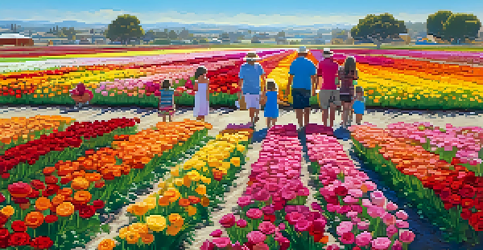 A colorful field of blooming ranunculus flowers with families walking through under a sunny sky.