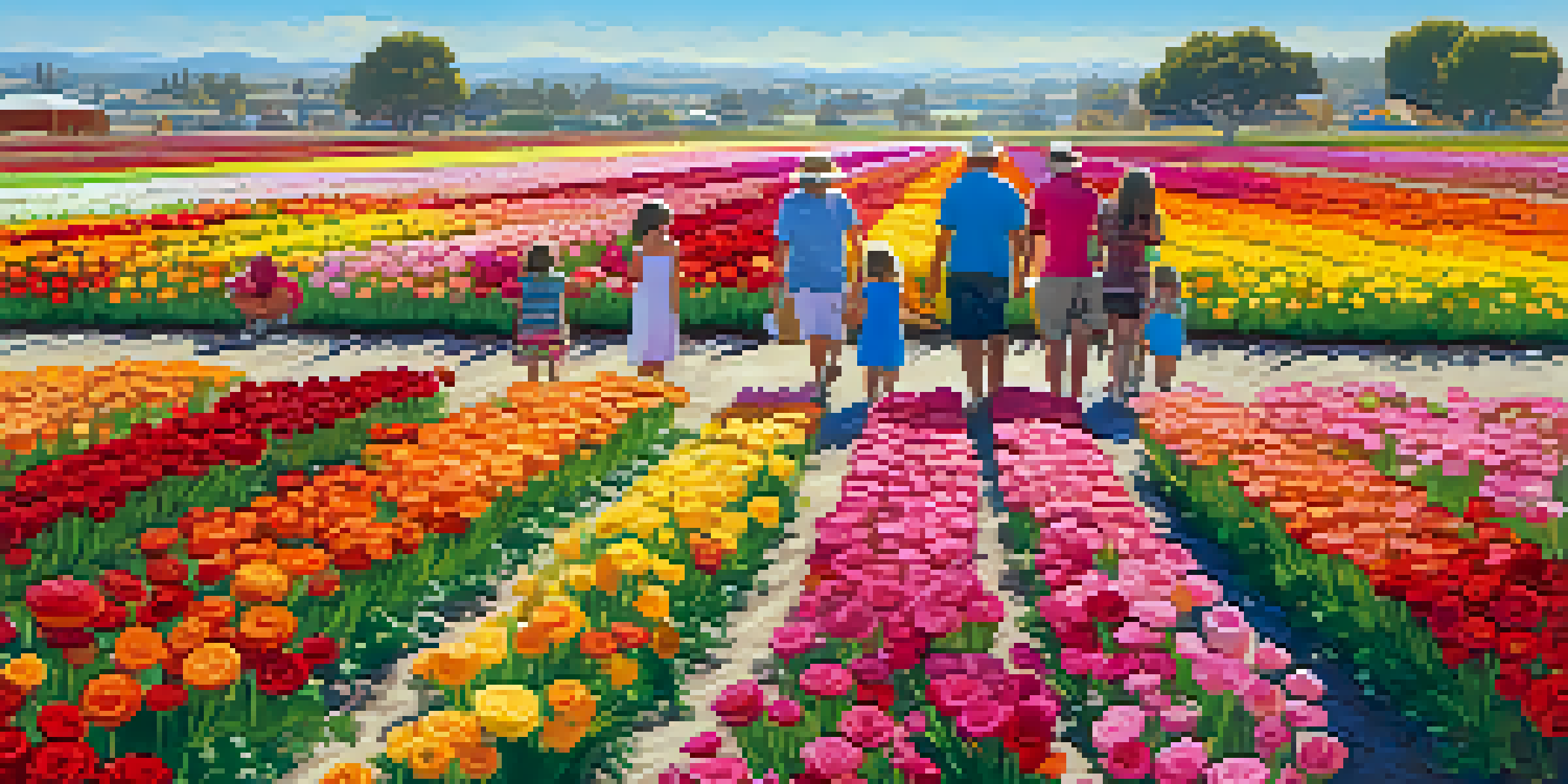 A colorful field of blooming ranunculus flowers with families walking through under a sunny sky.