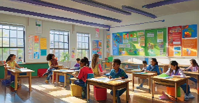 A bright classroom with diverse students working together on a project, surrounded by educational materials and colorful artwork.