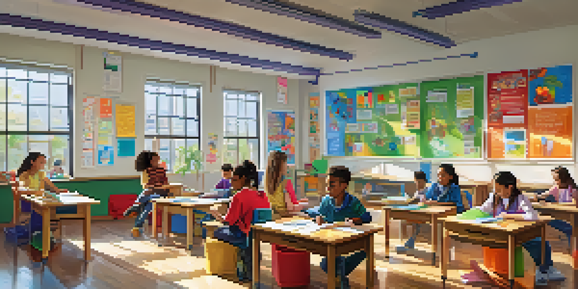 A bright classroom with diverse students working together on a project, surrounded by educational materials and colorful artwork.