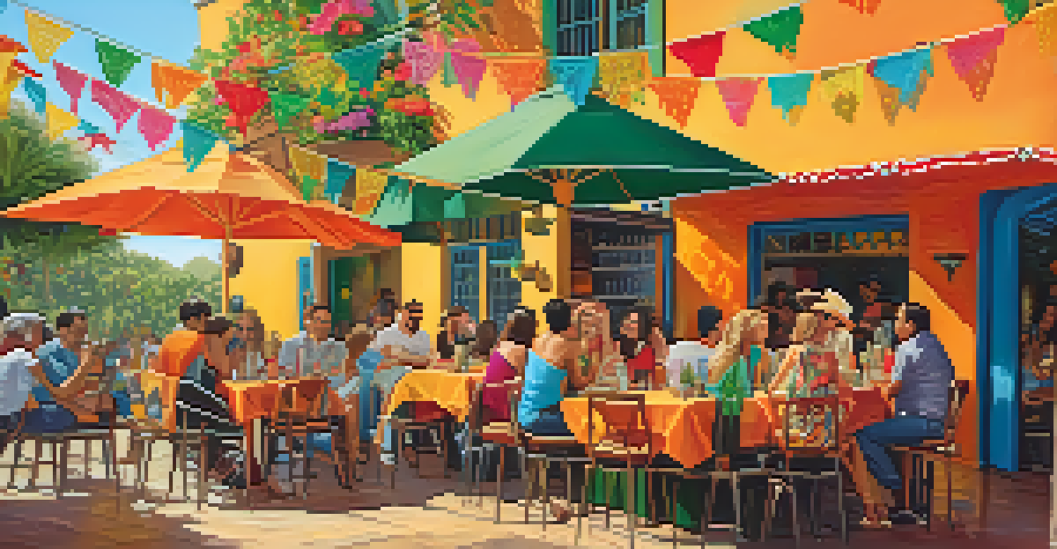 Outdoor happy hour scene at a Mexican restaurant with colorful banners, diners enjoying tacos and margaritas on a lively patio.