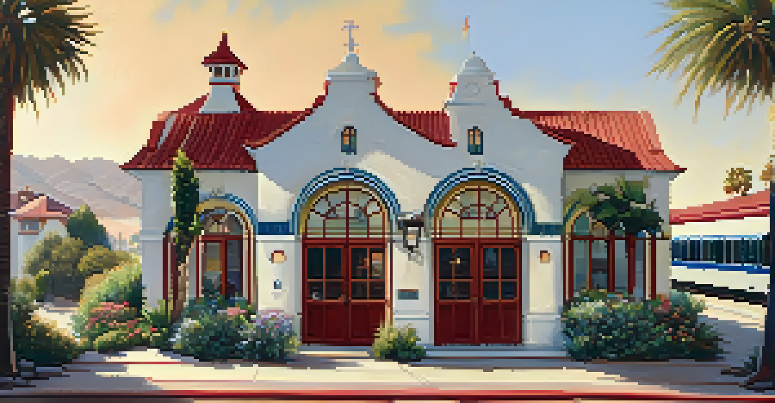 A Mission Revival style train station in Carlsbad with stucco walls and red-tiled roof, surrounded by California flora.