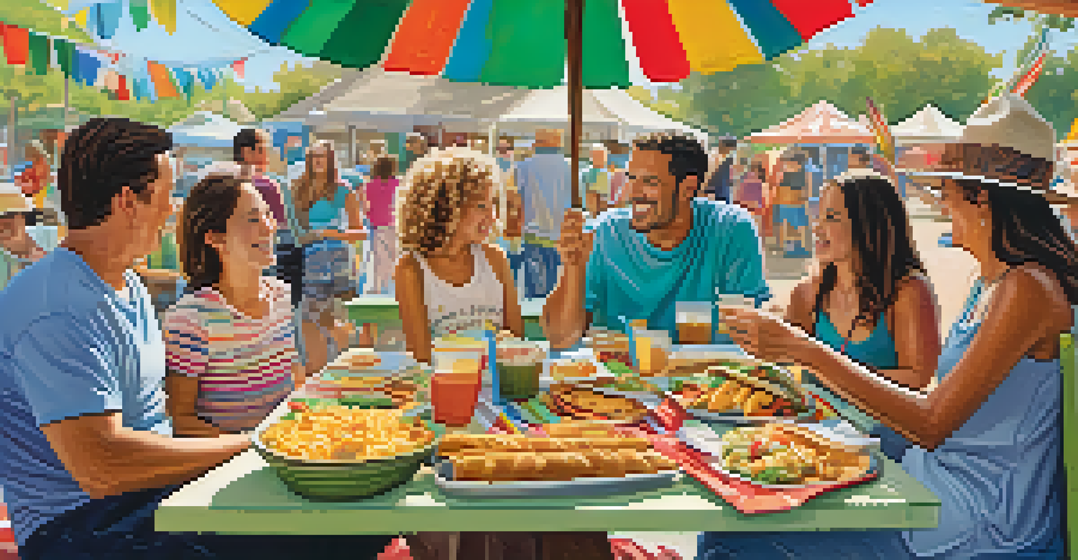 A family sharing a meal at the Carlsbad Village Faire with food spread on a picnic table and festive decorations in the background.