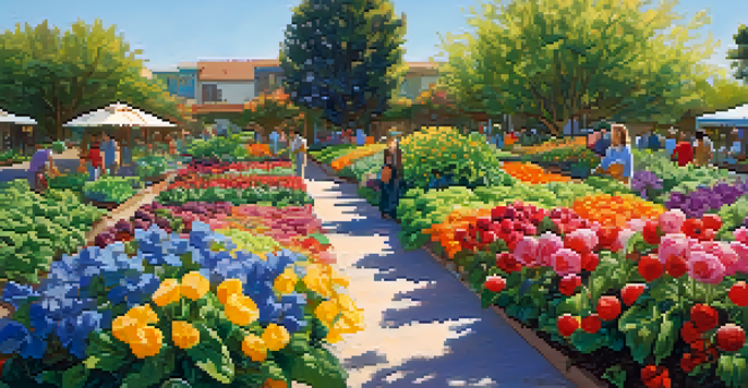 A diverse group of people working in a colorful community garden with fruits, vegetables, and flowers under a bright blue sky.
