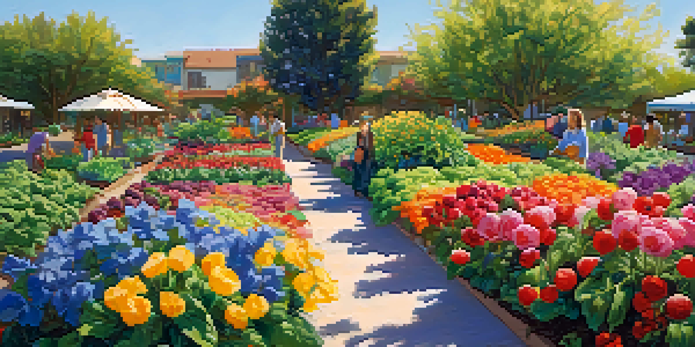 A diverse group of people working in a colorful community garden with fruits, vegetables, and flowers under a bright blue sky.